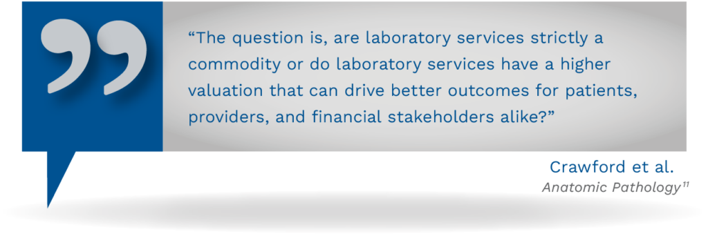 Graphic showing a quote from Crawford et al., Anatomic Pathology, stating, "The question is, are laboratory services strictly a commodity or do laboratory services have a higher valuation that can drive better outcomes for patients, providers, and financial stakeholders alike?"