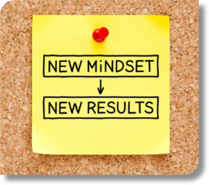 Graphic showing a sticky note with the words "New Mindset" and an arrow pointing to the words "New Results."