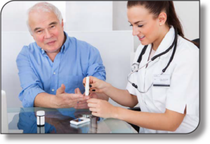 Photo of a female medical professional performing a finger prick on a male patient.