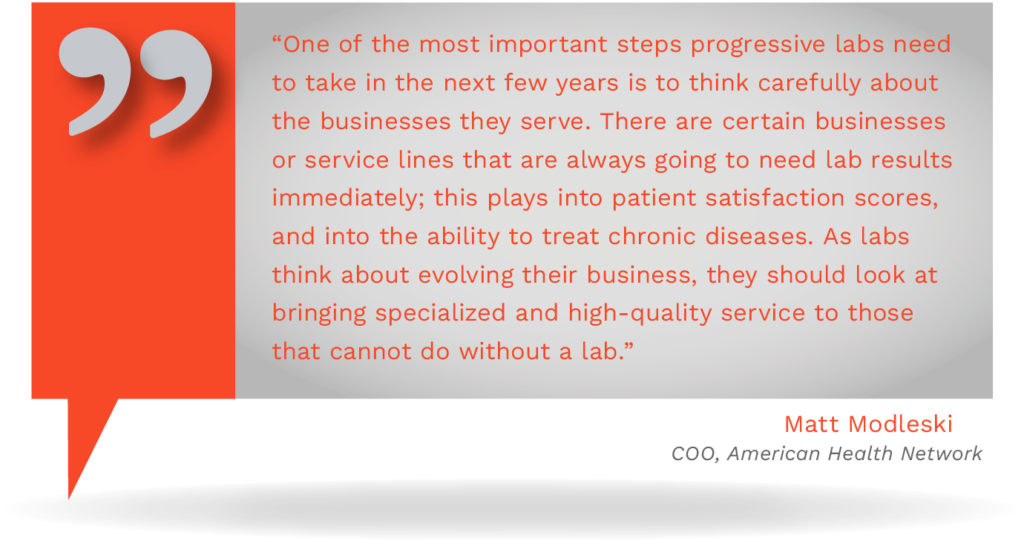 Graphic showing a quote from Matt Modleski, COO, American Health Network, saying, "One of the most important steps progressive labs need to take in the next few years is to think carefully about the businesses they serve. There are certain businesses or service lines that are always going to need lab results immediately; this plays into patient satisfaction scores, and into the ability to treat chronic diseases. As labs think about evolving their business, they should look at bringing specialized and high-quality service to those that cannot do without a lab.