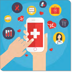 Illustration showing a hand holding a cell phone with various healthcare icons floating around the cell phone.