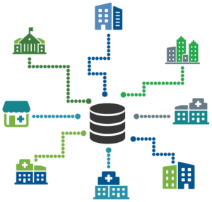 Illustration of different buildings all connecting to a single database.