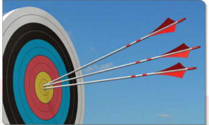 Photo of a target with three arrows on the bullseye.