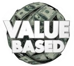 Graphic showing a circle of hundred dollar bills with the word "Value Based" in the center