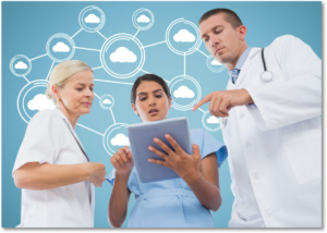 Graphic showing three medical professionals looking at a computer tablet with cloud icons in the background