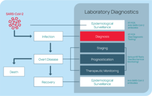 Graphic showing the stages of patient care along with testing stages for a patient with SARS-COV-2