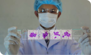 Futuristic photo of a medical professional looking at four pathology slide images with relevant data on a clear screen.
