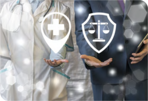Photo showing two people standing next to each other. Person on the left is wearing a doctor's white coat with hand out and a healthcare icon floating over the hand. The person on the right is wearing a suit with a hand out and a scale icon is floating over that person's hand.