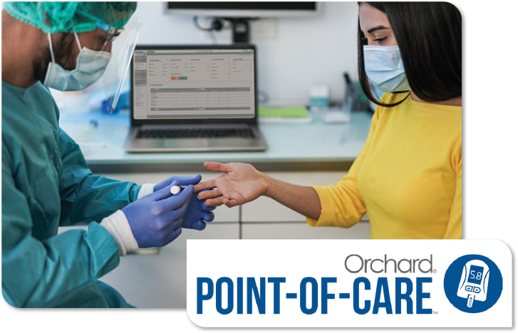 Photo of a medical staff member performing a finger stick blood test on a patient. Orchard Point-of-Care logo placed over the top.
