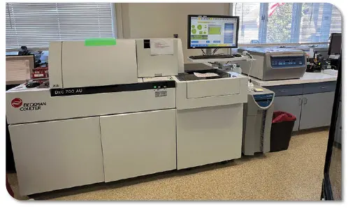 Image of Beckman Coulter analyzer in the laboratory at Hagyard Equine Medical Institute Laboratory.